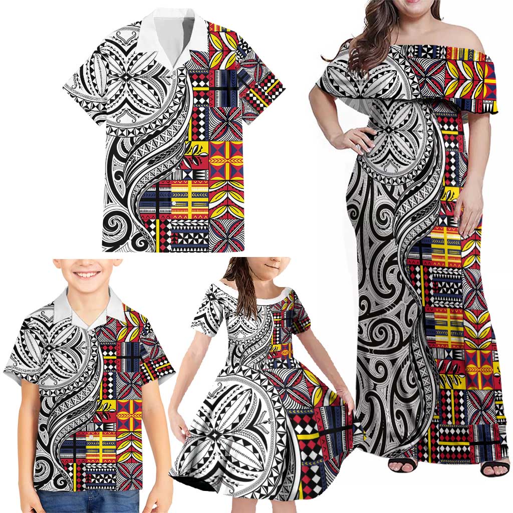 Niue Hiapo and Maori Decoration Tattoos Family Matching Off Shoulder Maxi Dress and Hawaiian Shirt LT03 - Polynesian Pride