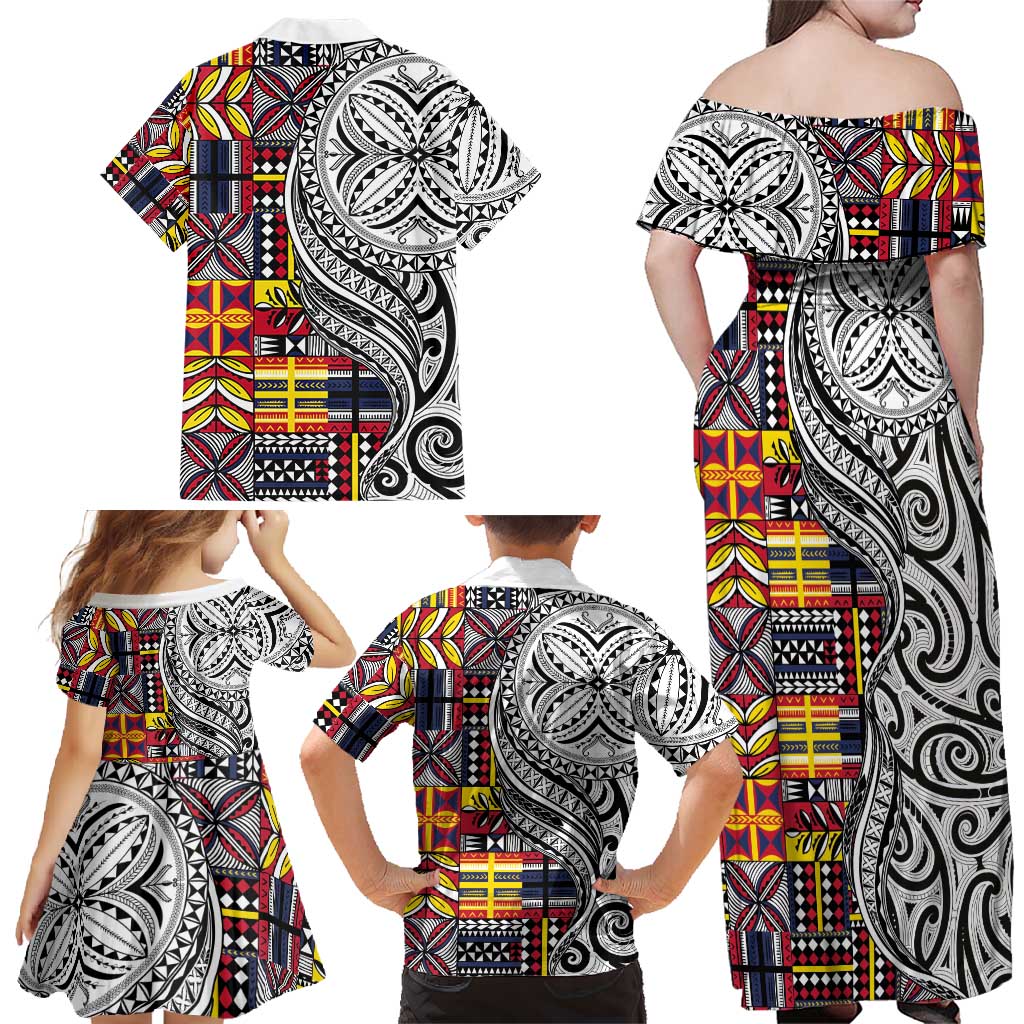 Niue Hiapo and Maori Decoration Tattoos Family Matching Off Shoulder Maxi Dress and Hawaiian Shirt LT03 - Polynesian Pride