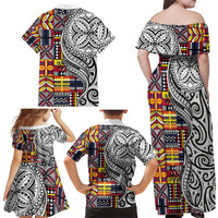 Niue Hiapo and Maori Decoration Tattoos Family Matching Off Shoulder Maxi Dress and Hawaiian Shirt LT03 - Polynesian Pride