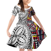 Niue Hiapo and Maori Decoration Tattoos Family Matching Off Shoulder Short Dress and Hawaiian Shirt LT03 Daughter's Dress White - Polynesian Pride