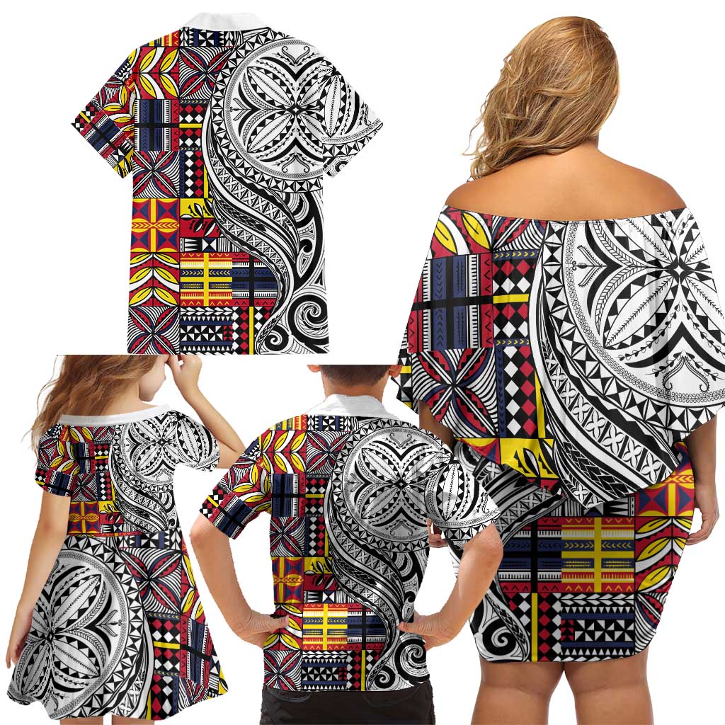 Niue Hiapo and Maori Decoration Tattoos Family Matching Off Shoulder Short Dress and Hawaiian Shirt LT03 - Polynesian Pride