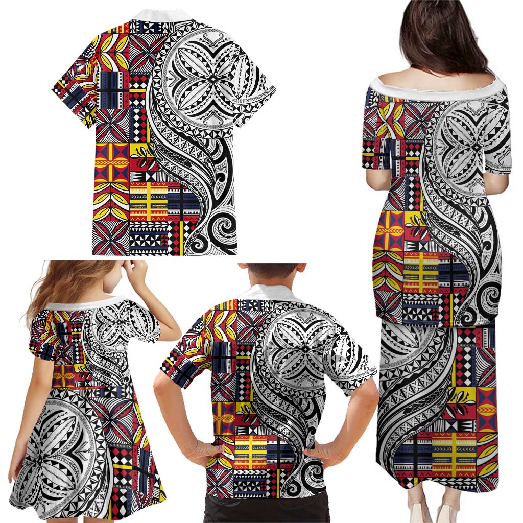 Niue Hiapo and Maori Decoration Tattoos Family Matching Puletasi and Hawaiian Shirt LT03 - Polynesian Pride