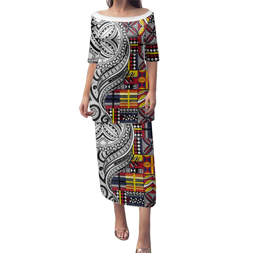 Niue Hiapo and Maori Decoration Tattoos Family Matching Puletasi and Hawaiian Shirt LT03 Mom's Dress White - Polynesian Pride