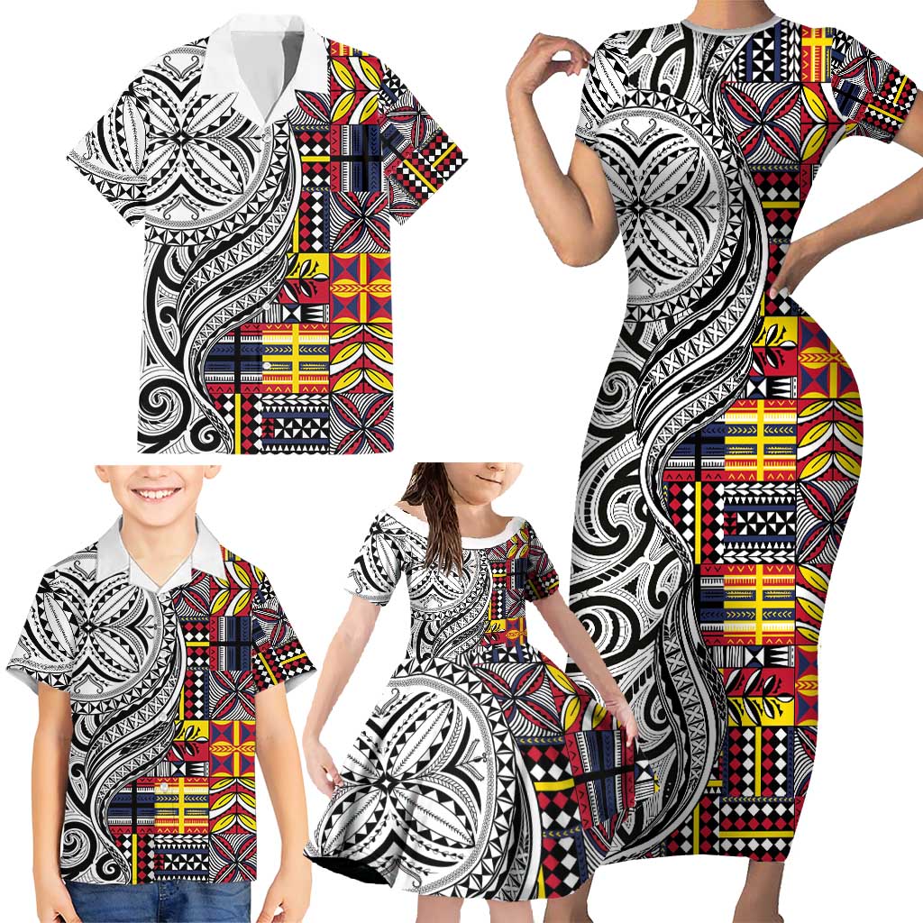 Niue Hiapo and Maori Decoration Tattoos Family Matching Short Sleeve Bodycon Dress and Hawaiian Shirt LT03 - Polynesian Pride
