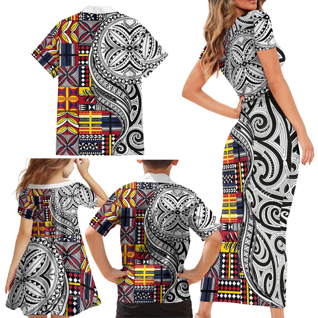 Niue Hiapo and Maori Decoration Tattoos Family Matching Short Sleeve Bodycon Dress and Hawaiian Shirt LT03 - Polynesian Pride