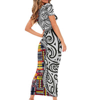 Niue Hiapo and Maori Decoration Tattoos Family Matching Short Sleeve Bodycon Dress and Hawaiian Shirt LT03 - Polynesian Pride