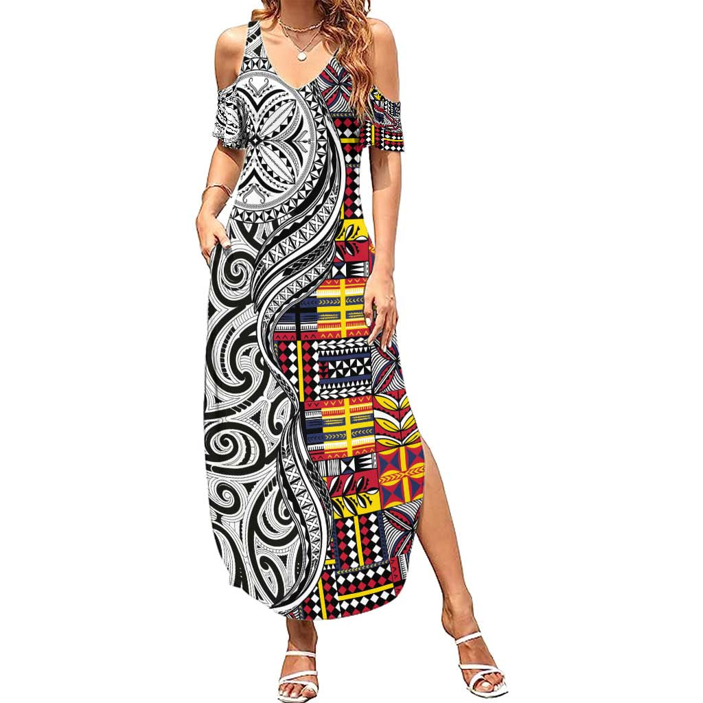 Niue Hiapo and Maori Decoration Tattoos Family Matching Summer Maxi Dress and Hawaiian Shirt LT03 Mom's Dress White - Polynesian Pride