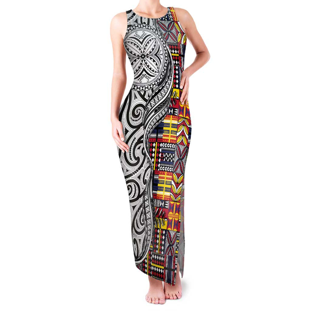 Niue Hiapo and Maori Decoration Tattoos Family Matching Tank Maxi Dress and Hawaiian Shirt LT03 Mom's Dress White - Polynesian Pride