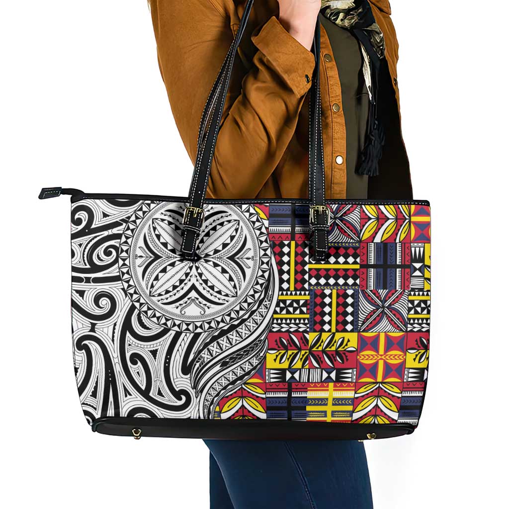Niue Hiapo and Maori Decoration Tattoos Leather Tote Bag - Polynesian Pride