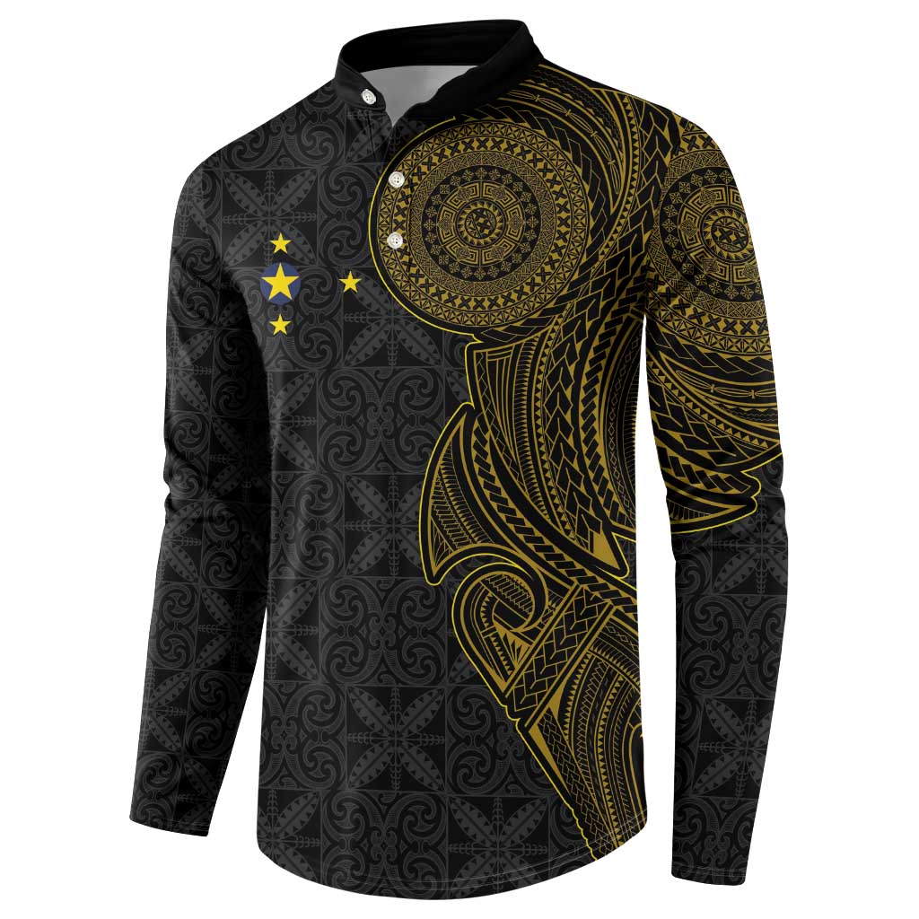 Niue Polynesian Hiapo Tattoo Art Button Sweatshirt Half Style Black Gold Color LT03 - Polynesian Pride