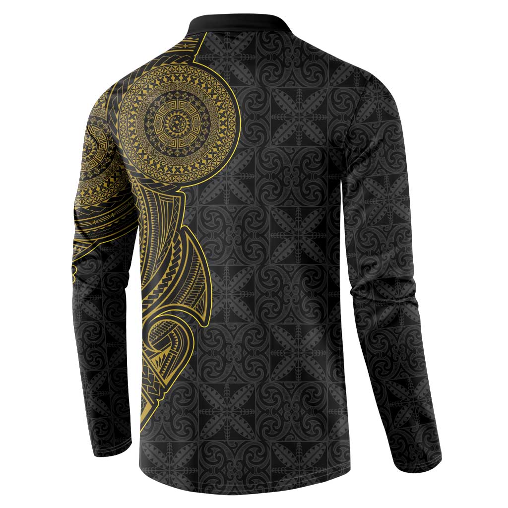 Niue Polynesian Hiapo Tattoo Art Button Sweatshirt Half Style Black Gold Color LT03 - Polynesian Pride
