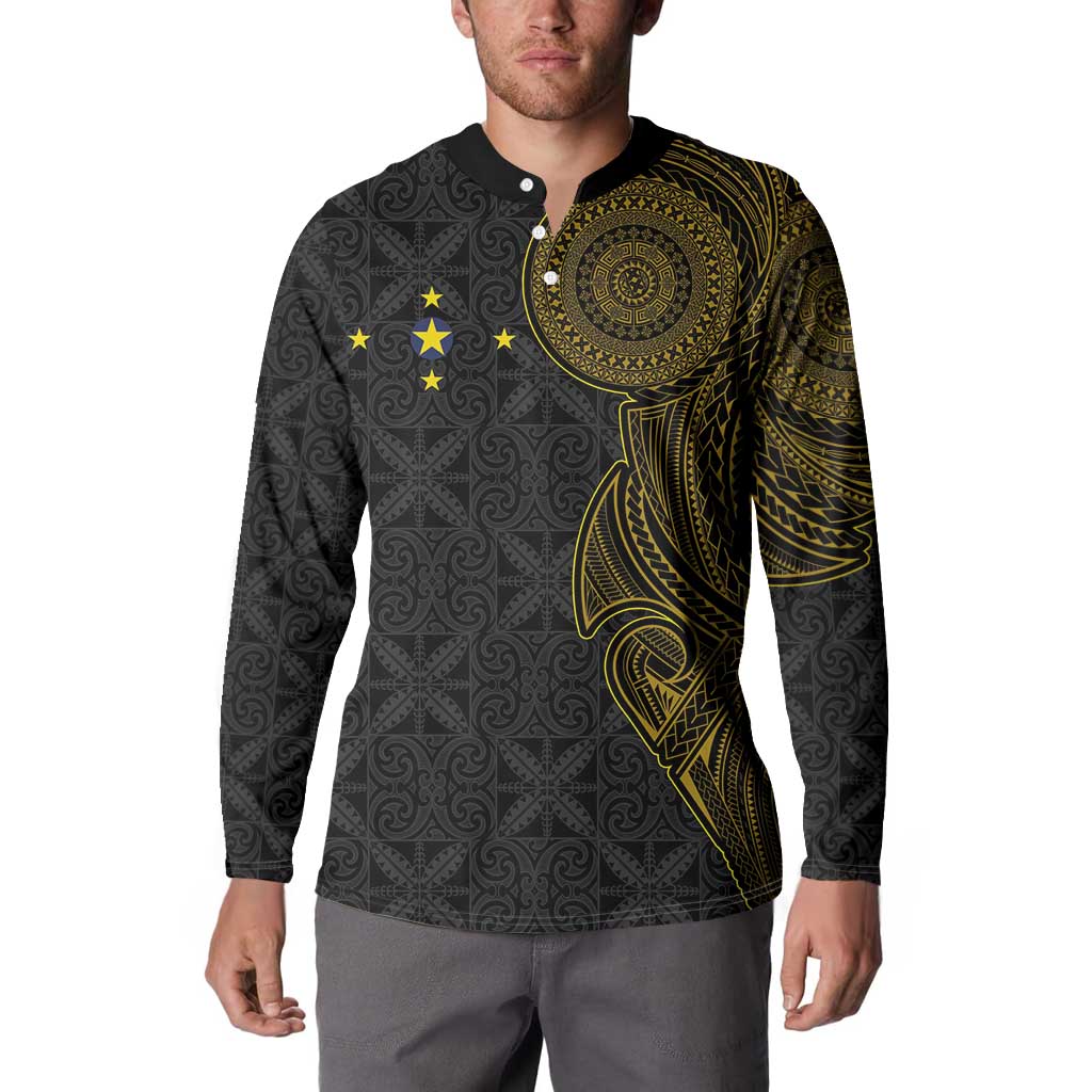 Niue Polynesian Hiapo Tattoo Art Button Sweatshirt Half Style Black Gold Color LT03 - Polynesian Pride