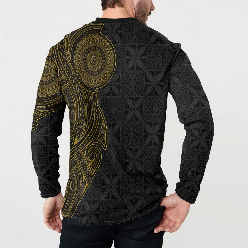 Niue Polynesian Hiapo Tattoo Art Button Sweatshirt Half Style Black Gold Color LT03 - Polynesian Pride
