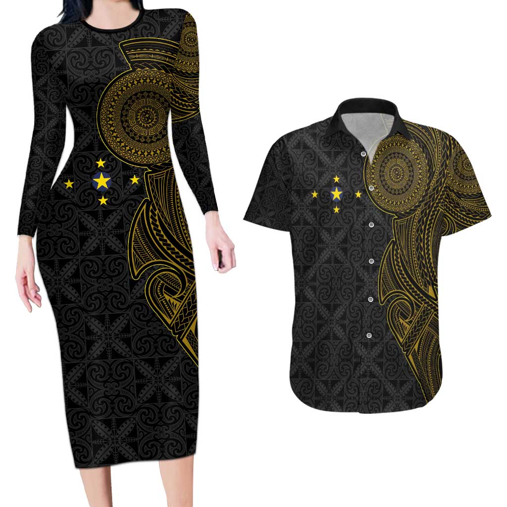Niue Polynesian Hiapo Tattoo Art Couples Matching Long Sleeve Bodycon Dress and Hawaiian Shirt Half Style Black Gold Color LT03 Black - Polynesian Pride