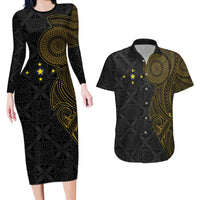 Niue Polynesian Hiapo Tattoo Art Couples Matching Long Sleeve Bodycon Dress and Hawaiian Shirt Half Style Black Gold Color LT03 Black - Polynesian Pride