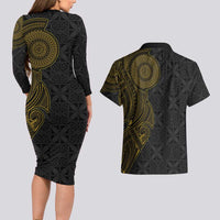 Niue Polynesian Hiapo Tattoo Art Couples Matching Long Sleeve Bodycon Dress and Hawaiian Shirt Half Style Black Gold Color LT03 - Polynesian Pride