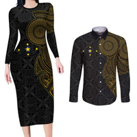 Niue Polynesian Hiapo Tattoo Art Couples Matching Long Sleeve Bodycon Dress and Long Sleeve Button Shirt Half Style Black Gold Color LT03 Black - Polynesian Pride