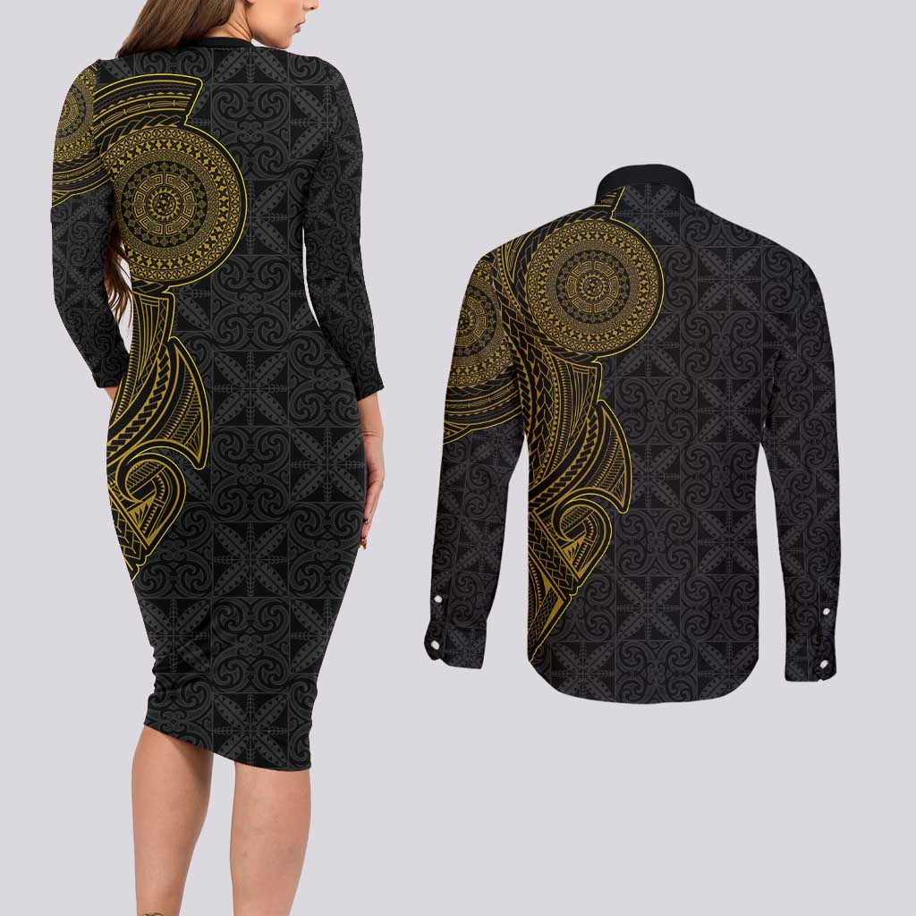 Niue Polynesian Hiapo Tattoo Art Couples Matching Long Sleeve Bodycon Dress and Long Sleeve Button Shirt Half Style Black Gold Color LT03 - Polynesian Pride