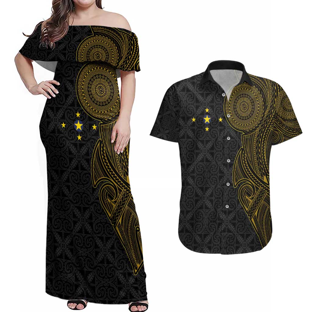 Niue Polynesian Hiapo Tattoo Art Couples Matching Off Shoulder Maxi Dress and Hawaiian Shirt Half Style Black Gold Color LT03 Black - Polynesian Pride