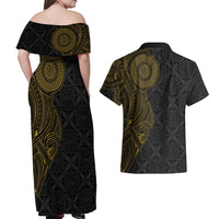Niue Polynesian Hiapo Tattoo Art Couples Matching Off Shoulder Maxi Dress and Hawaiian Shirt Half Style Black Gold Color LT03 - Polynesian Pride