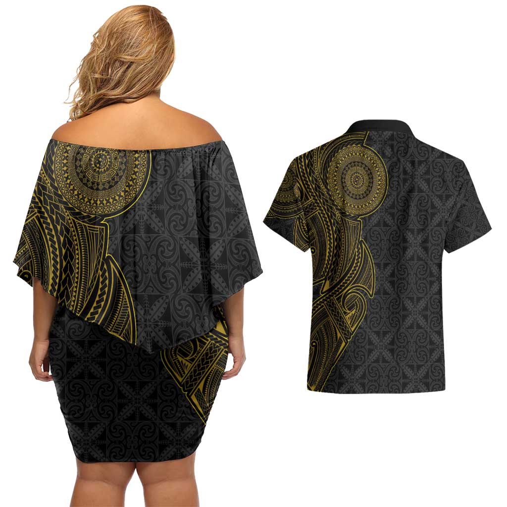 Niue Polynesian Hiapo Tattoo Art Couples Matching Off Shoulder Short Dress and Hawaiian Shirt Half Style Black Gold Color LT03 - Polynesian Pride