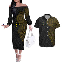 Niue Polynesian Hiapo Tattoo Art Couples Matching Off The Shoulder Long Sleeve Dress and Hawaiian Shirt Half Style Black Gold Color LT03 Black - Polynesian Pride