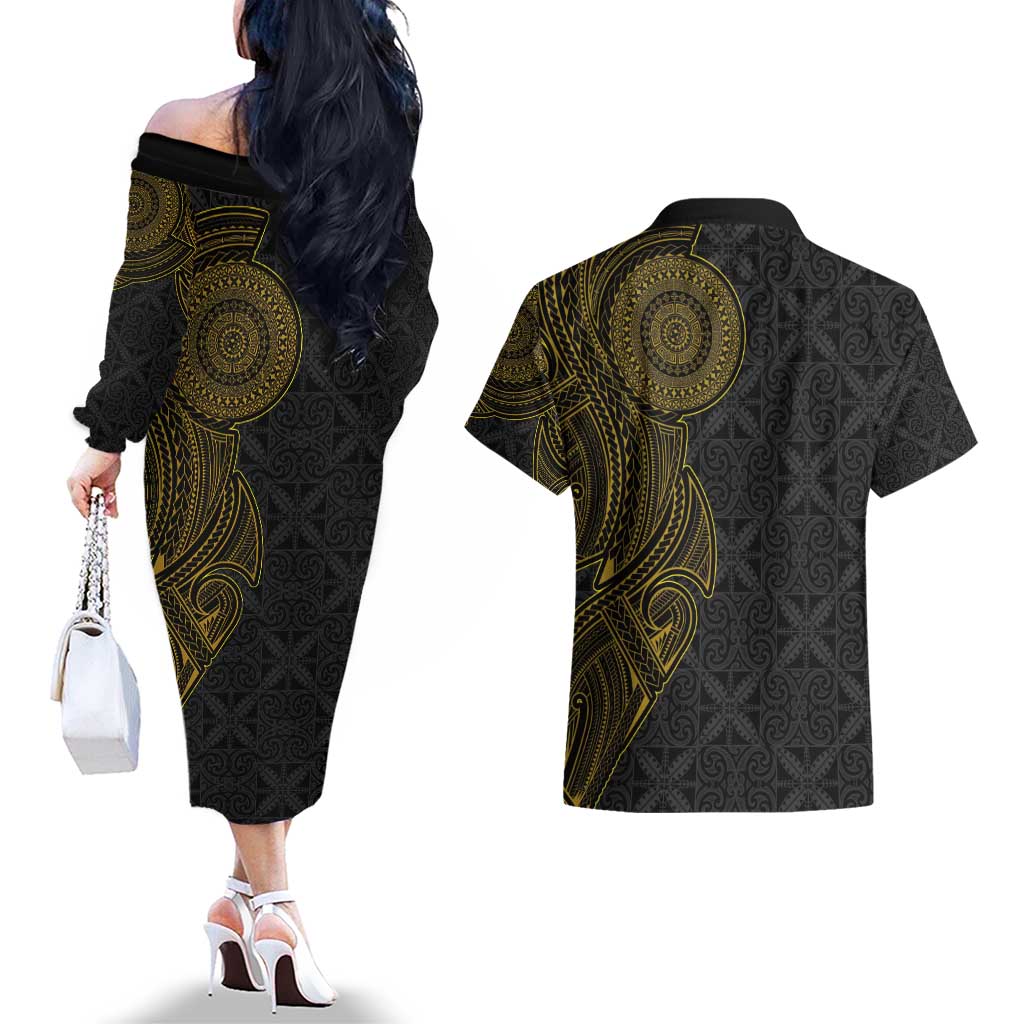 Niue Polynesian Hiapo Tattoo Art Couples Matching Off The Shoulder Long Sleeve Dress and Hawaiian Shirt Half Style Black Gold Color LT03 - Polynesian Pride