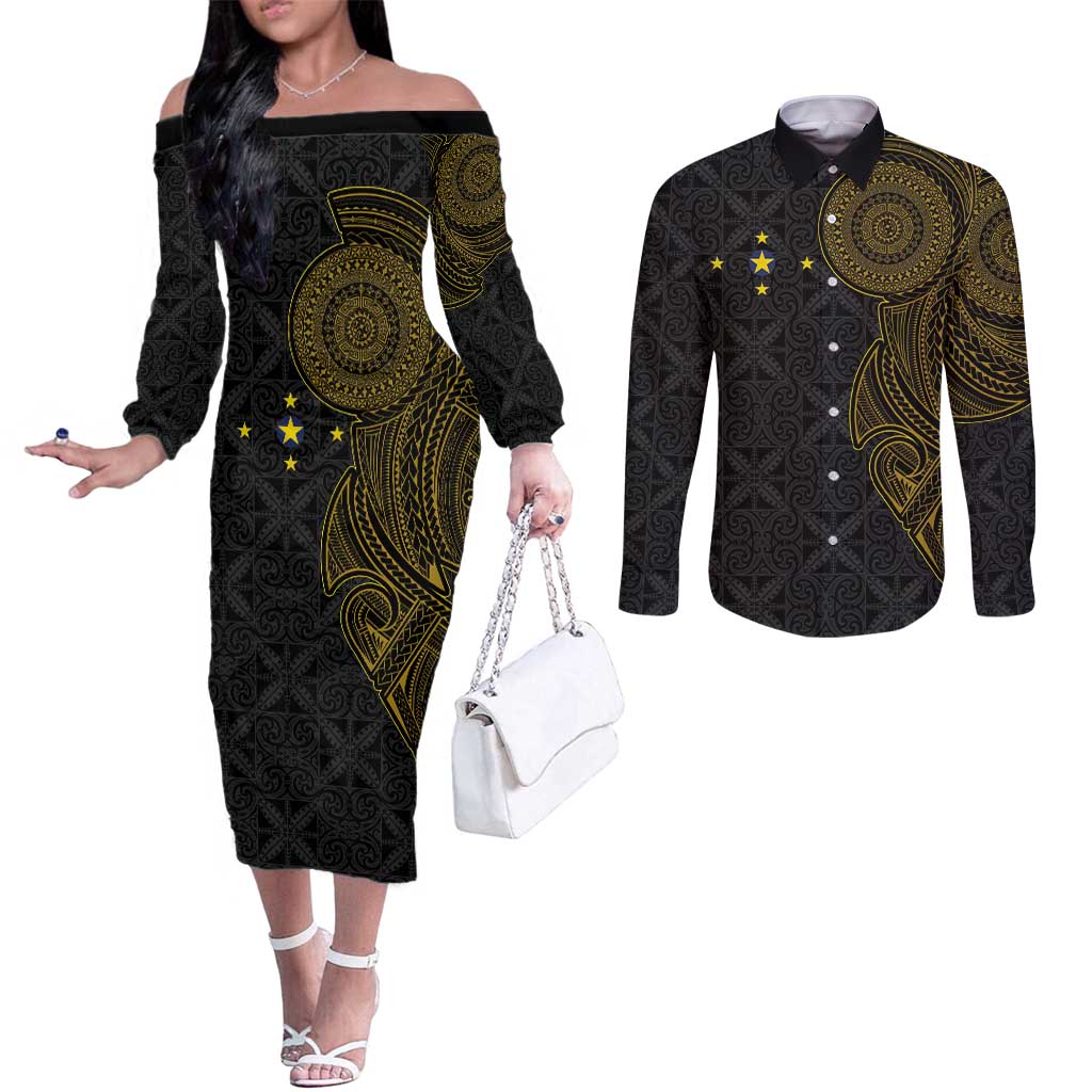 Niue Polynesian Hiapo Tattoo Art Couples Matching Off The Shoulder Long Sleeve Dress and Long Sleeve Button Shirt Half Style Black Gold Color - Polynesian Pride