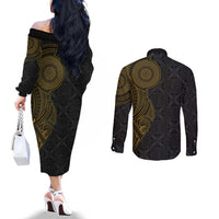 Niue Polynesian Hiapo Tattoo Art Couples Matching Off The Shoulder Long Sleeve Dress and Long Sleeve Button Shirt Half Style Black Gold Color LT03 - Polynesian Pride