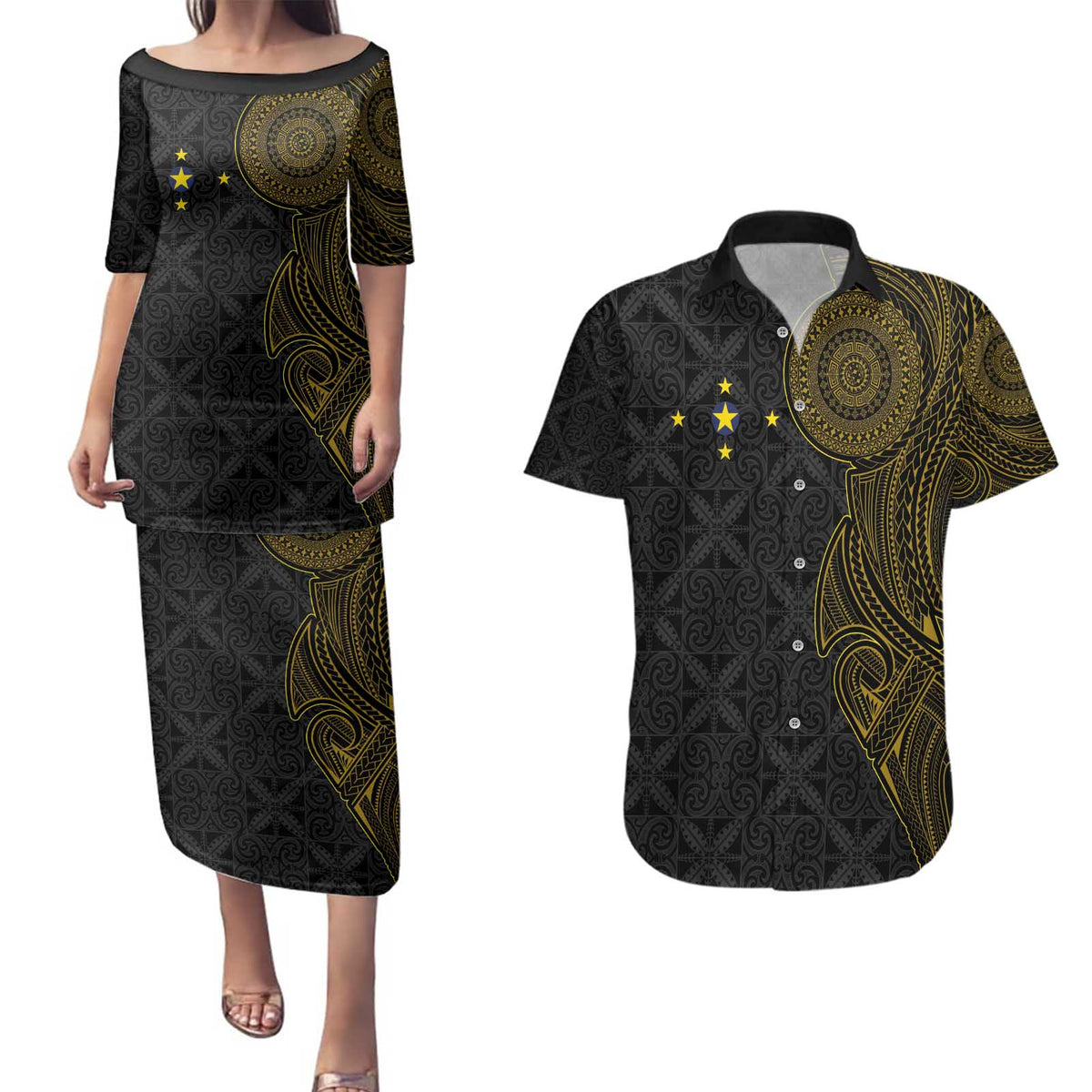 Niue Polynesian Hiapo Tattoo Art Couples Matching Puletasi and Hawaiian Shirt Half Style Black Gold Color - Polynesian Pride