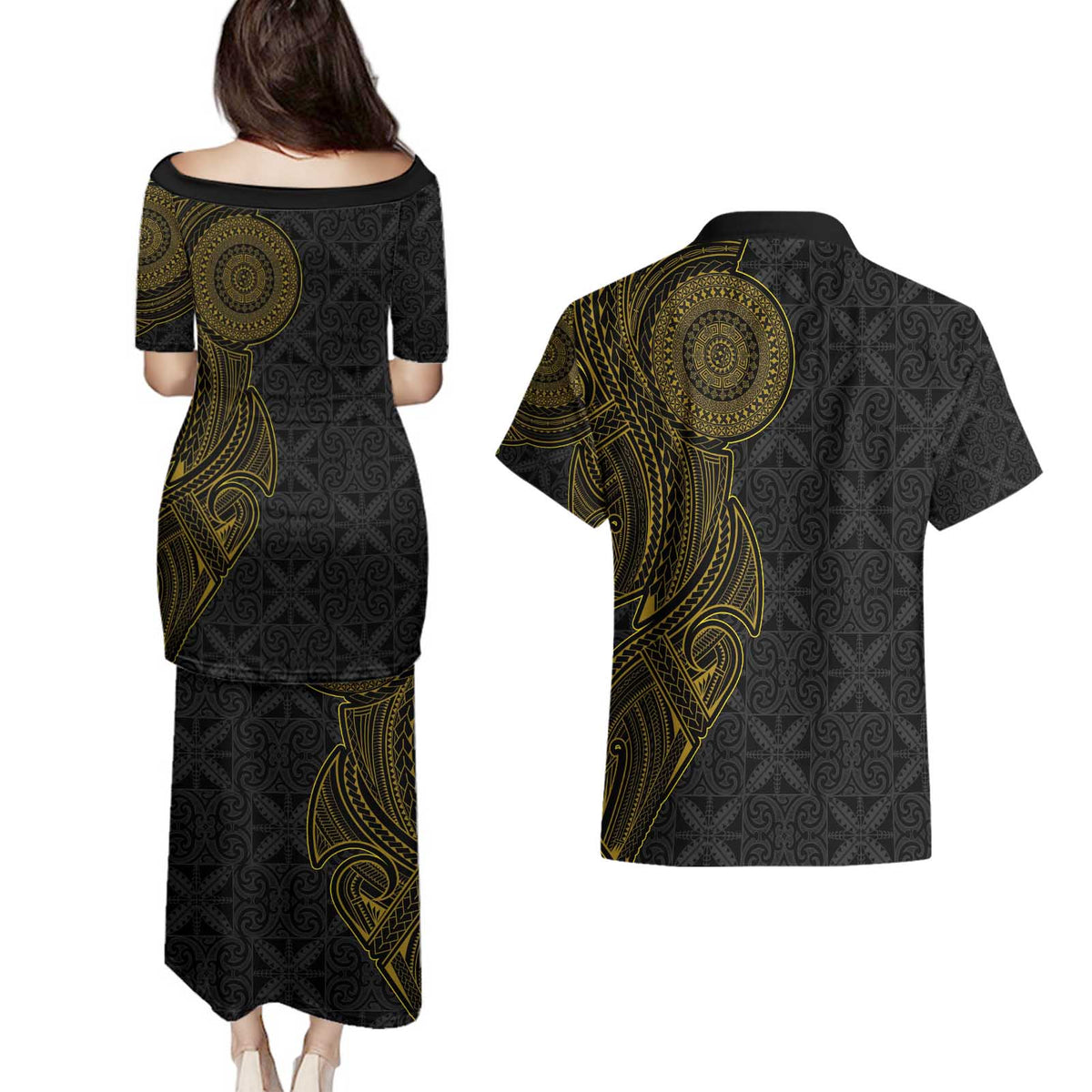 Niue Polynesian Hiapo Tattoo Art Couples Matching Puletasi and Hawaiian Shirt Half Style Black Gold Color - Polynesian Pride