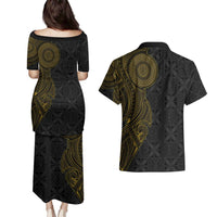 Niue Polynesian Hiapo Tattoo Art Couples Matching Puletasi and Hawaiian Shirt Half Style Black Gold Color - Polynesian Pride