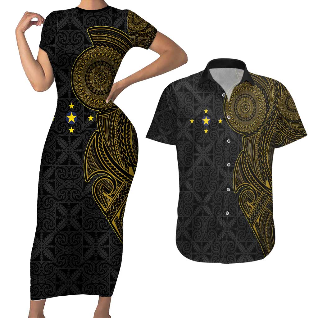 Niue Polynesian Hiapo Tattoo Art Couples Matching Short Sleeve Bodycon Dress and Hawaiian Shirt Half Style Black Gold Color LT03 Black - Polynesian Pride