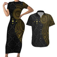 Niue Polynesian Hiapo Tattoo Art Couples Matching Short Sleeve Bodycon Dress and Hawaiian Shirt Half Style Black Gold Color LT03 Black - Polynesian Pride