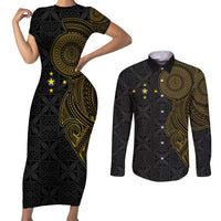 Niue Polynesian Hiapo Tattoo Art Couples Matching Short Sleeve Bodycon Dress and Long Sleeve Button Shirt Half Style Black Gold Color LT03 Black - Polynesian Pride