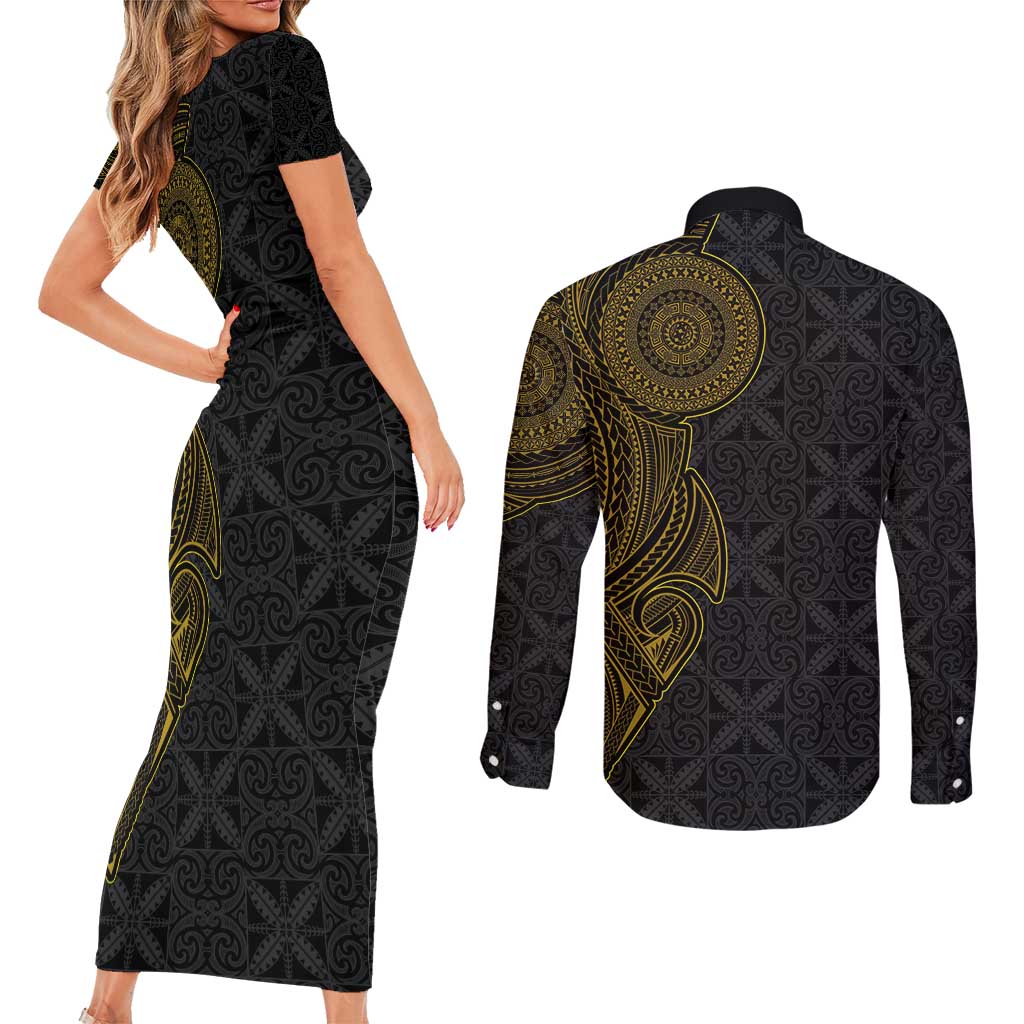 Niue Polynesian Hiapo Tattoo Art Couples Matching Short Sleeve Bodycon Dress and Long Sleeve Button Shirt Half Style Black Gold Color LT03 - Polynesian Pride