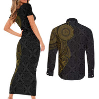 Niue Polynesian Hiapo Tattoo Art Couples Matching Short Sleeve Bodycon Dress and Long Sleeve Button Shirt Half Style Black Gold Color LT03 - Polynesian Pride