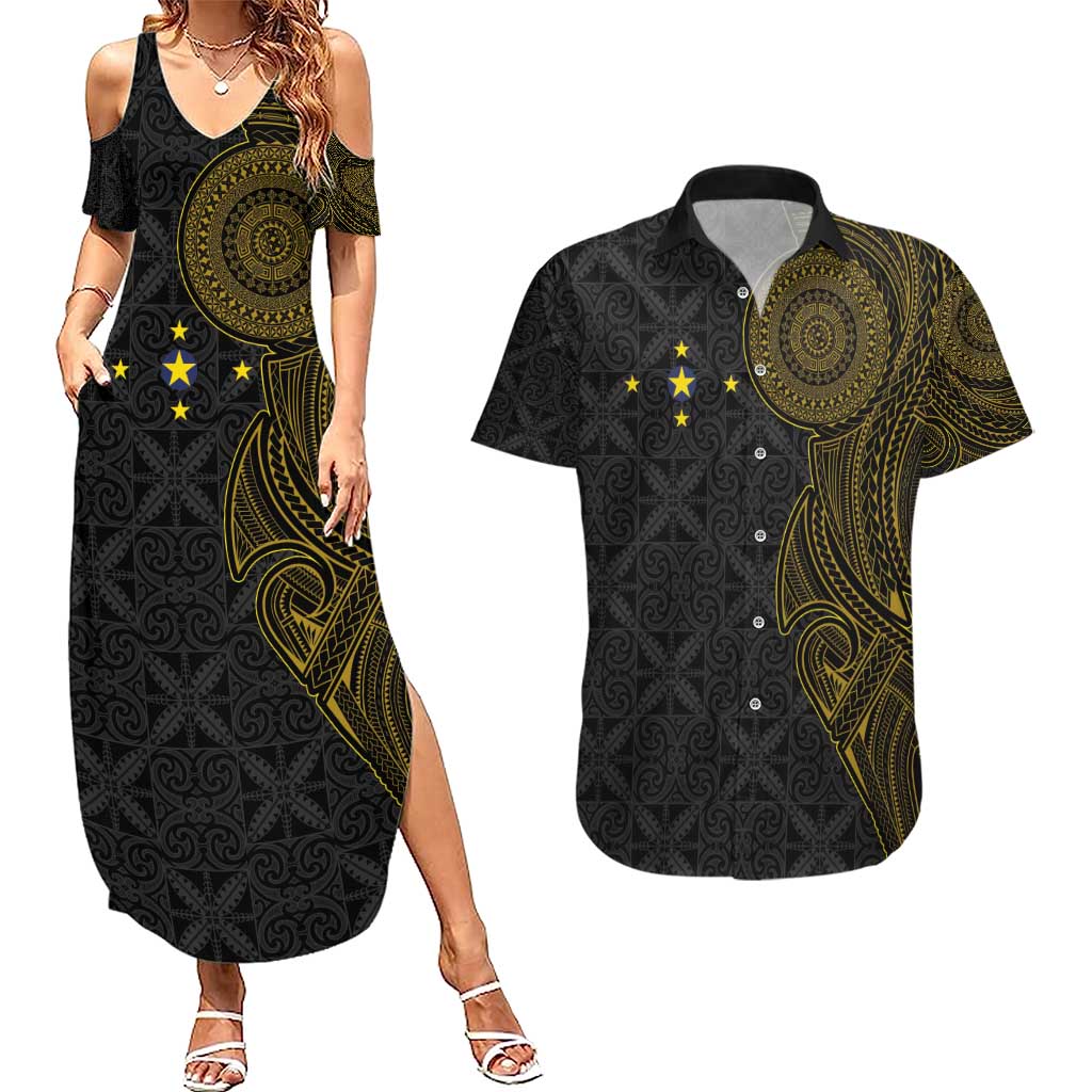 Niue Polynesian Hiapo Tattoo Art Couples Matching Summer Maxi Dress and Hawaiian Shirt Half Style Black Gold Color LT03 Black - Polynesian Pride