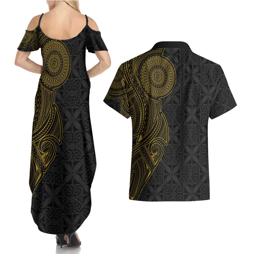 Niue Polynesian Hiapo Tattoo Art Couples Matching Summer Maxi Dress and Hawaiian Shirt Half Style Black Gold Color LT03 - Polynesian Pride