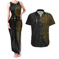 Niue Polynesian Hiapo Tattoo Art Couples Matching Tank Maxi Dress and Hawaiian Shirt Half Style Black Gold Color LT03 Black - Polynesian Pride