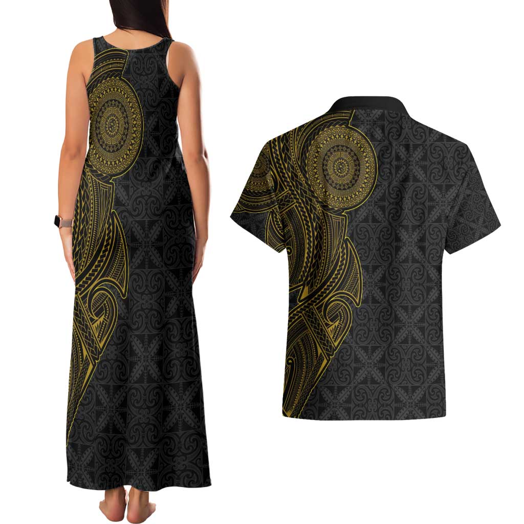 Niue Polynesian Hiapo Tattoo Art Couples Matching Tank Maxi Dress and Hawaiian Shirt Half Style Black Gold Color LT03 - Polynesian Pride