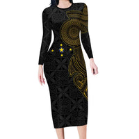 Niue Polynesian Hiapo Tattoo Art Family Matching Long Sleeve Bodycon Dress and Hawaiian Shirt Half Style Black Gold Color LT03 Mom's Dress Black - Polynesian Pride