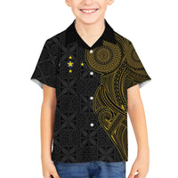 Niue Polynesian Hiapo Tattoo Art Family Matching Long Sleeve Bodycon Dress and Hawaiian Shirt Half Style Black Gold Color LT03 Son's Shirt Black - Polynesian Pride