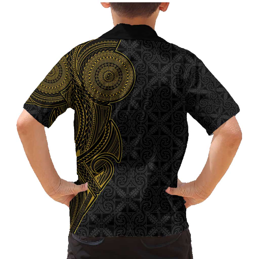 Niue Polynesian Hiapo Tattoo Art Family Matching Mermaid Dress and Hawaiian Shirt Half Style Black Gold Color LT03 - Polynesian Pride
