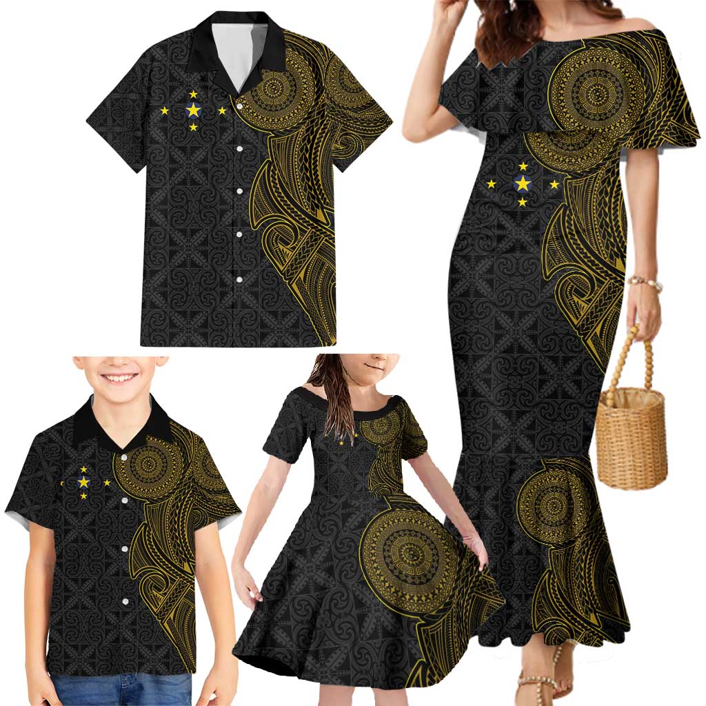 Niue Polynesian Hiapo Tattoo Art Family Matching Mermaid Dress and Hawaiian Shirt Half Style Black Gold Color LT03 - Polynesian Pride