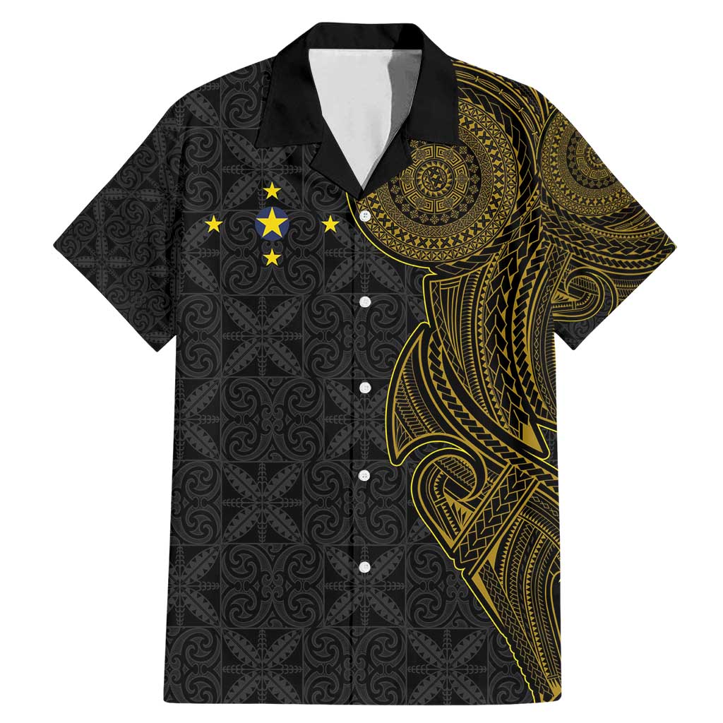 Niue Polynesian Hiapo Tattoo Art Family Matching Mermaid Dress and Hawaiian Shirt Half Style Black Gold Color LT03 Dad's Shirt - Short Sleeve Black - Polynesian Pride