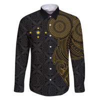 Niue Polynesian Hiapo Tattoo Art Family Matching Mermaid Dress and Hawaiian Shirt Half Style Black Gold Color LT03 Dad's Shirt - Long Sleeve Black - Polynesian Pride