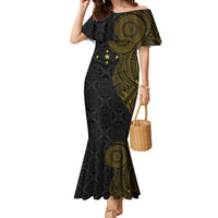 Niue Polynesian Hiapo Tattoo Art Family Matching Mermaid Dress and Hawaiian Shirt Half Style Black Gold Color LT03 Mom's Dress Black - Polynesian Pride