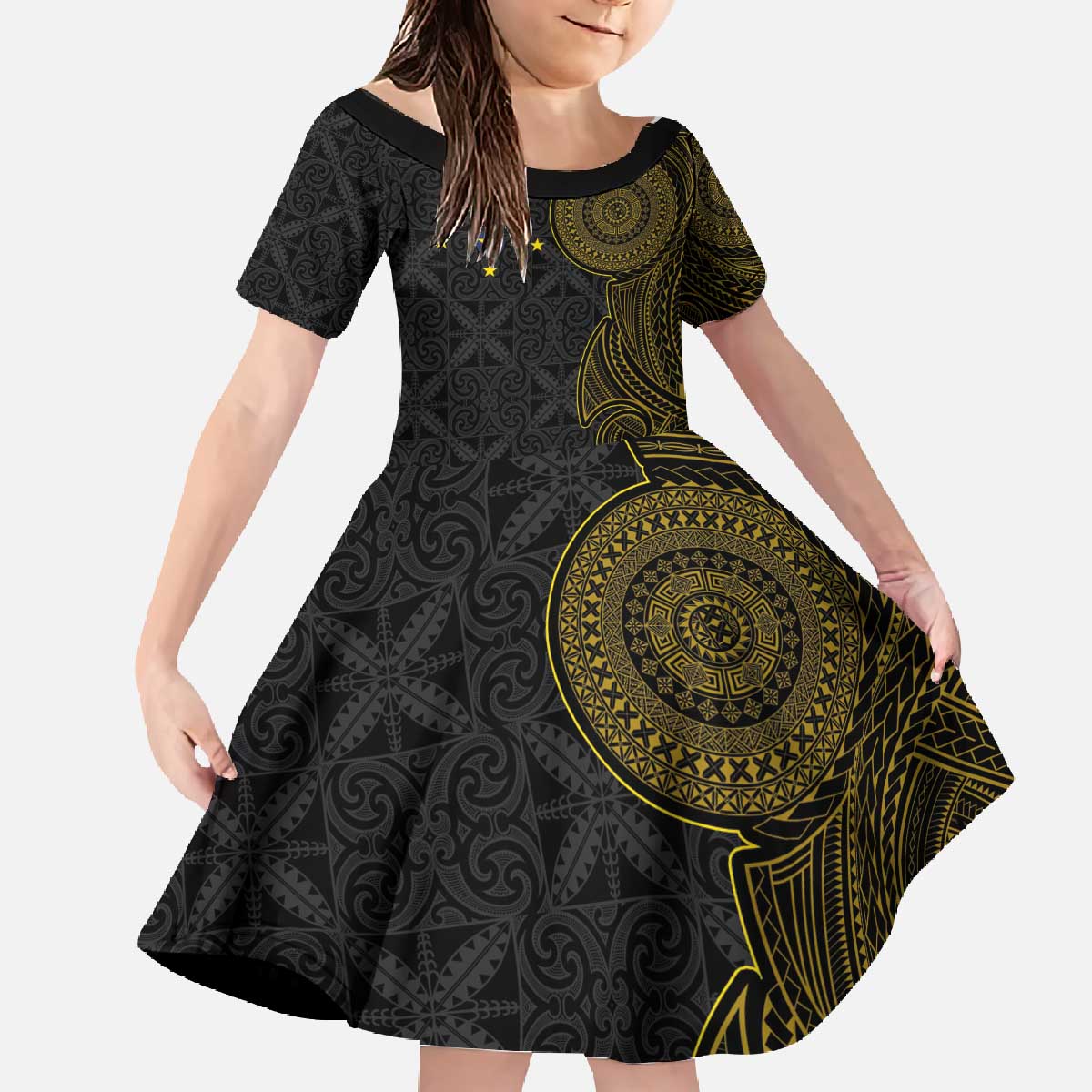 Niue Polynesian Hiapo Tattoo Art Family Matching Off The Shoulder Long Sleeve Dress and Hawaiian Shirt Half Style Black Gold Color LT03 Daughter's Dress Black - Polynesian Pride