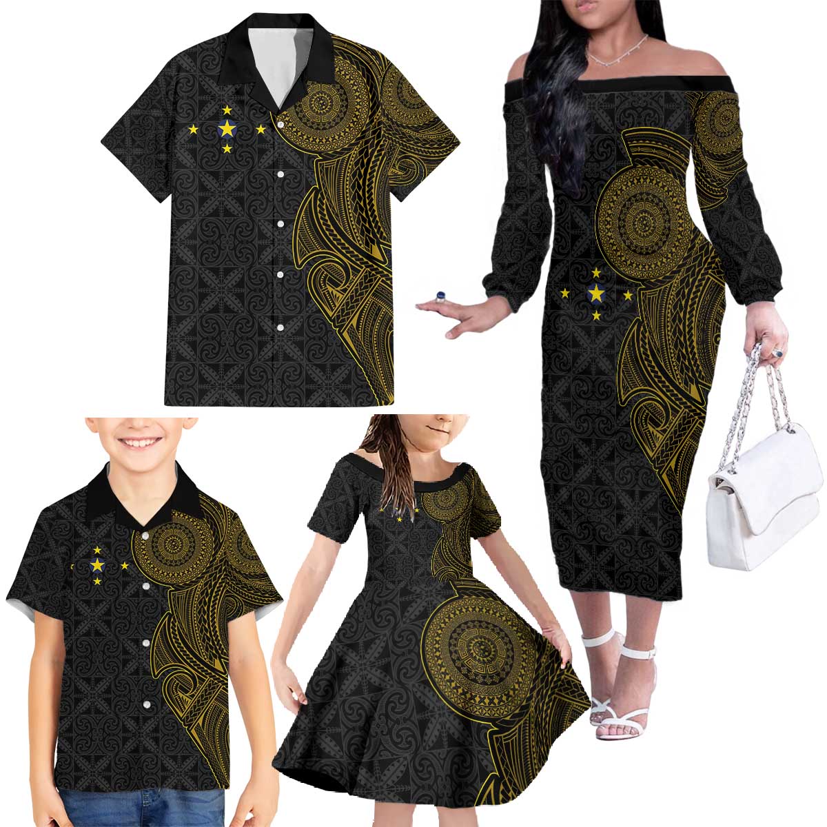 Niue Polynesian Hiapo Tattoo Art Family Matching Off The Shoulder Long Sleeve Dress and Hawaiian Shirt Half Style Black Gold Color LT03 - Polynesian Pride